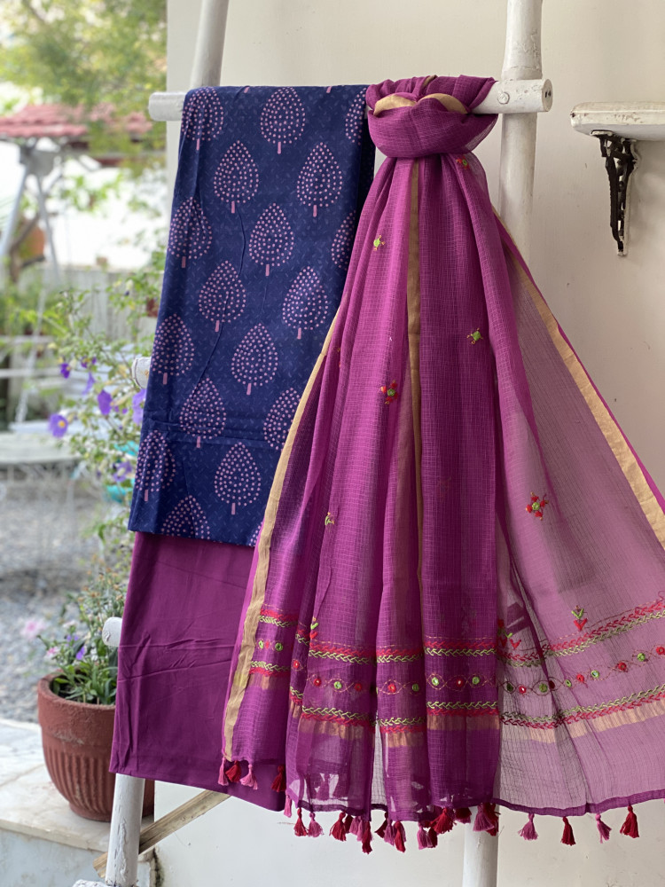 Image of INDIGO &amp; WINE PHULWARI HAND EMBROIDERED KOTA DUPATTA SET