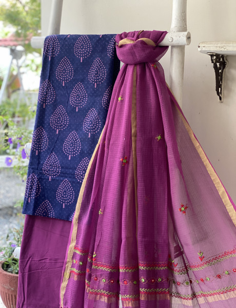 INDIGO & WINE PHULWARI HAND EMBROIDERED KOTA DUPATTA SET