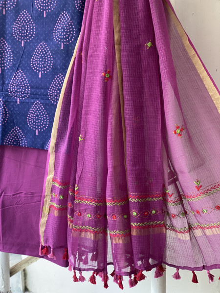 INDIGO & WINE PHULWARI HAND EMBROIDERED KOTA DUPATTA SET