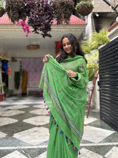 GREEN KOTA COTTON HAND EMBROIDERED SARI