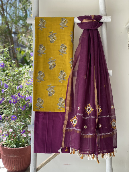 MUSTARD & WINE PHULWARI HAND EMBROIDERED KOTA DUPATTA SET