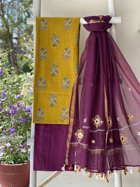 MUSTARD & WINE PHULWARI HAND EMBROIDERED KOTA DUPATTA SET