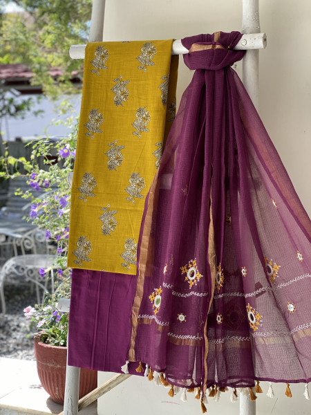 MUSTARD & WINE PHULWARI HAND EMBROIDERED KOTA DUPATTA SET