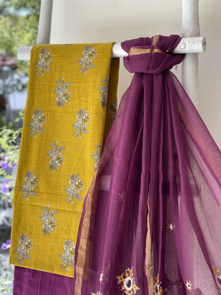 MUSTARD & WINE PHULWARI HAND EMBROIDERED KOTA DUPATTA SET