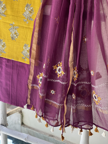 MUSTARD & WINE PHULWARI HAND EMBROIDERED KOTA DUPATTA SET