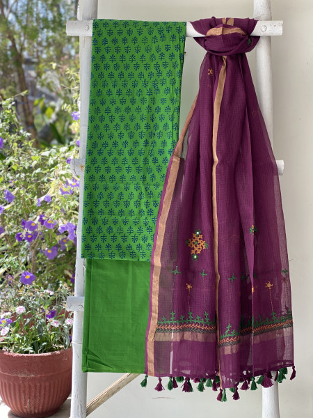 GREEN & WINE PHULWARI HAND EMBROIDERED KOTA DUPATTA SET