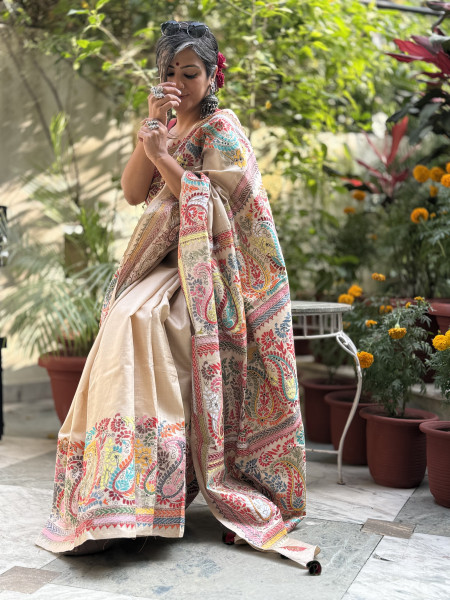 BEIGE KANTHA HAND EMBROIDERED TUSSAR  SILK SARI