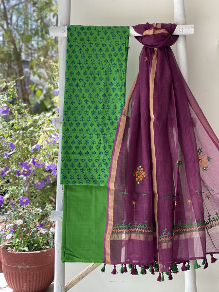 GREEN & WINE PHULWARI HAND EMBROIDERED KOTA DUPATTA SET