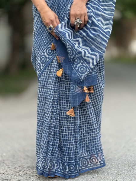 INDIGO HAND BLOCK PRINT COTTON KOTA SARI