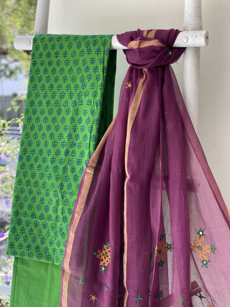 GREEN & WINE PHULWARI HAND EMBROIDERED KOTA DUPATTA SET