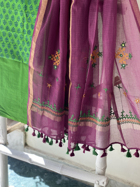GREEN & WINE PHULWARI HAND EMBROIDERED KOTA DUPATTA SET