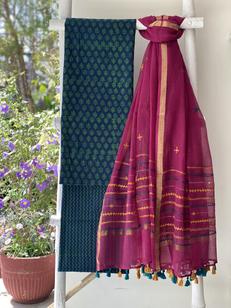 INDIGO & WINE PHULWARI HAND EMBROIDERED KOTA DUPATTA SET