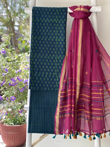 INDIGO & WINE PHULWARI HAND EMBROIDERED KOTA DUPATTA SET