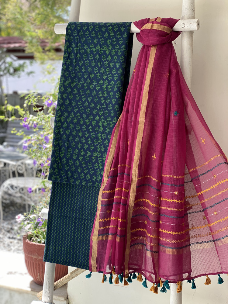 Image of INDIGO &amp; WINE PHULWARI HAND EMBROIDERED KOTA DUPATTA SET