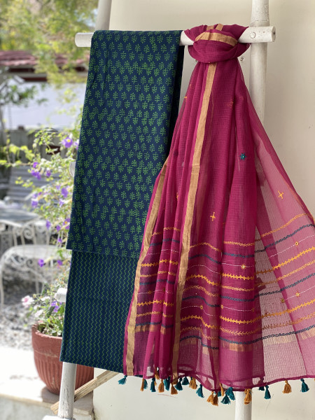 INDIGO & WINE PHULWARI HAND EMBROIDERED KOTA DUPATTA SET