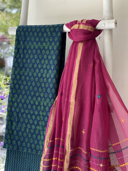 INDIGO & WINE PHULWARI HAND EMBROIDERED KOTA DUPATTA SET