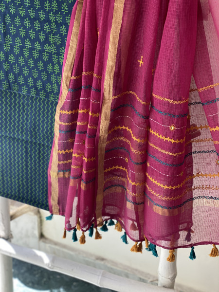 INDIGO & WINE PHULWARI HAND EMBROIDERED KOTA DUPATTA SET