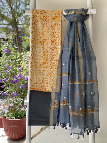 YELLOW & GREY PHULWARI HAND EMBROIDERED KOTA DUPATTA SET