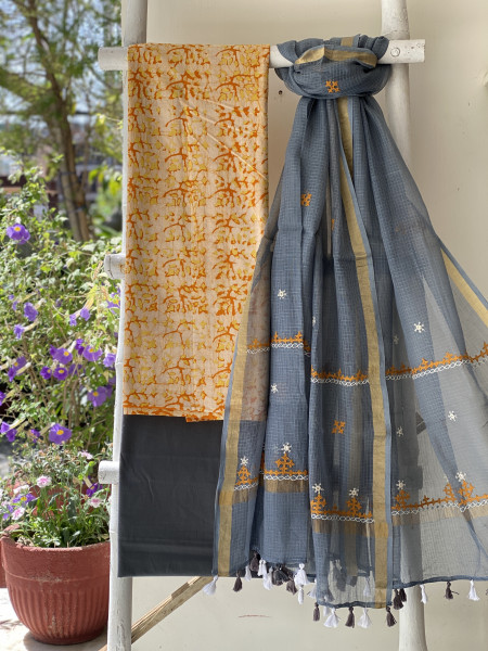 YELLOW & GREY PHULWARI HAND EMBROIDERED KOTA DUPATTA SET