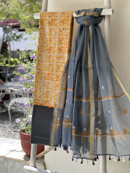YELLOW & GREY PHULWARI HAND EMBROIDERED KOTA DUPATTA SET