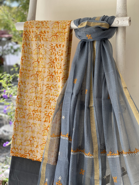 YELLOW & GREY PHULWARI HAND EMBROIDERED KOTA DUPATTA SET
