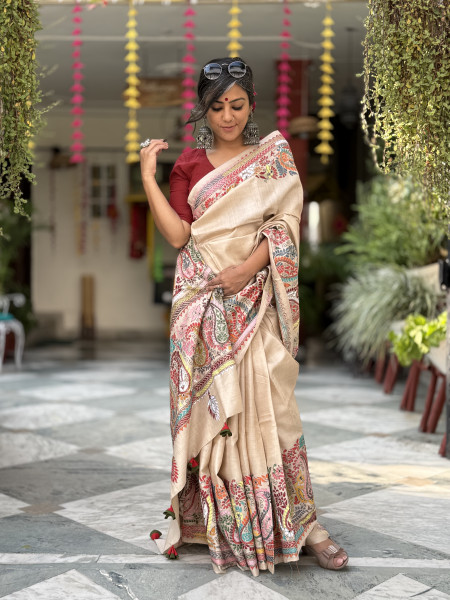 BEIGE KANTHA HAND EMBROIDERED TUSSAR  SILK SARI