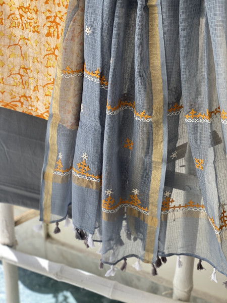 YELLOW & GREY PHULWARI HAND EMBROIDERED KOTA DUPATTA SET