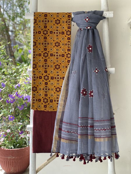 MUSTARD & GREY PHULWARI HAND EMBROIDERED KOTA DUPATTA SET