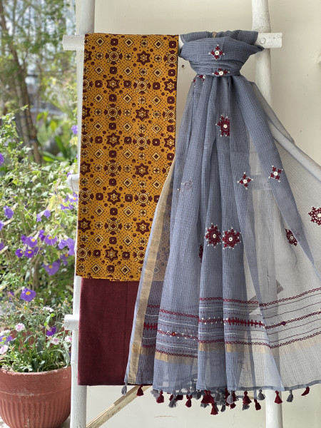 MUSTARD & GREY PHULWARI HAND EMBROIDERED KOTA DUPATTA SET