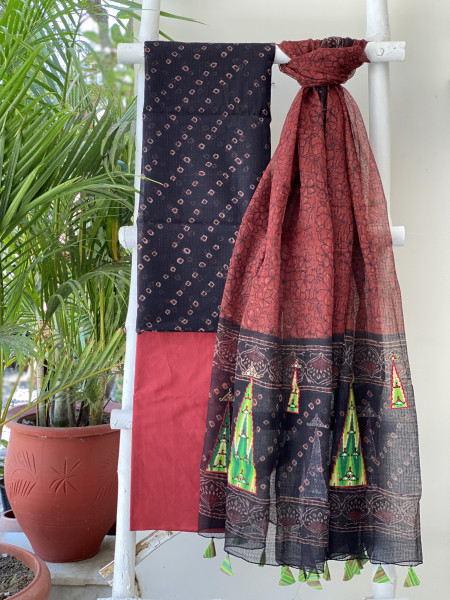 BLACK-MAROON HAND BLOCK PRINT KOTA EMBROIDERED DUPATTA SET