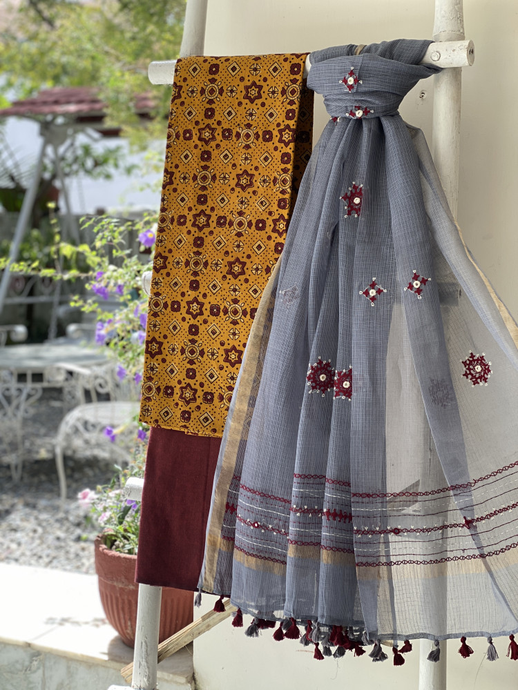Image of MUSTARD &amp; GREY PHULWARI HAND EMBROIDERED KOTA DUPATTA SET