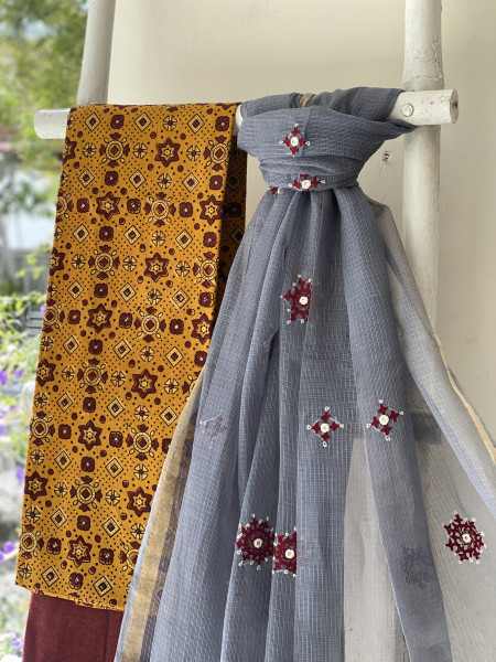 MUSTARD & GREY PHULWARI HAND EMBROIDERED KOTA DUPATTA SET