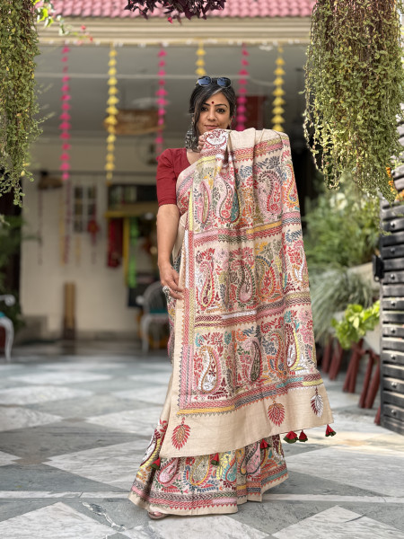 BEIGE KANTHA HAND EMBROIDERED TUSSAR  SILK SARI