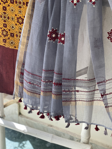 MUSTARD & GREY PHULWARI HAND EMBROIDERED KOTA DUPATTA SET