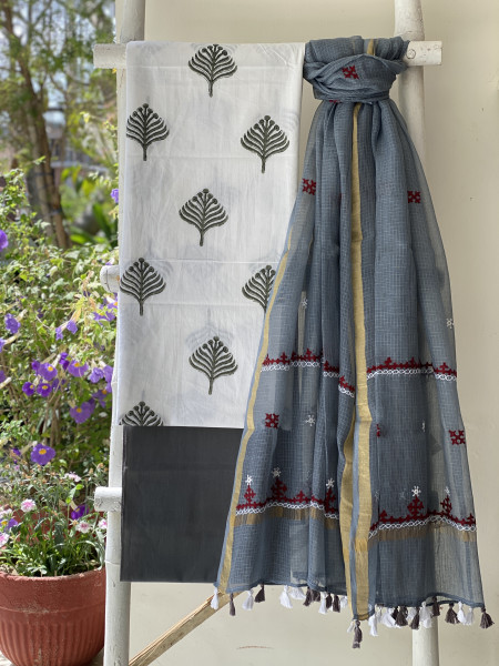 OFF WHITE & GREY PHULWARI HAND EMBROIDERED KOTA DUPATTA SET