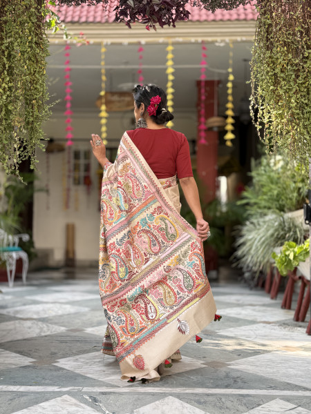 BEIGE KANTHA HAND EMBROIDERED TUSSAR  SILK SARI