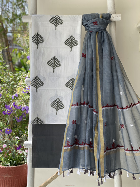 OFF WHITE & GREY PHULWARI HAND EMBROIDERED KOTA DUPATTA SET