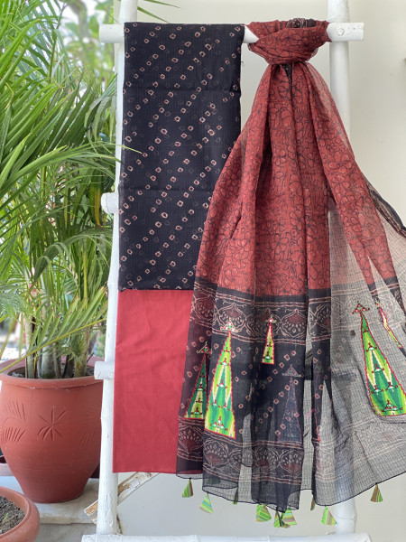 BLACK-MAROON HAND BLOCK PRINT KOTA EMBROIDERED DUPATTA SET