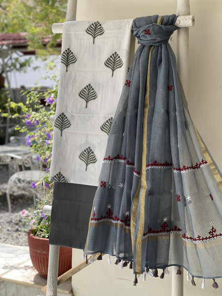 OFF WHITE & GREY PHULWARI HAND EMBROIDERED KOTA DUPATTA SET