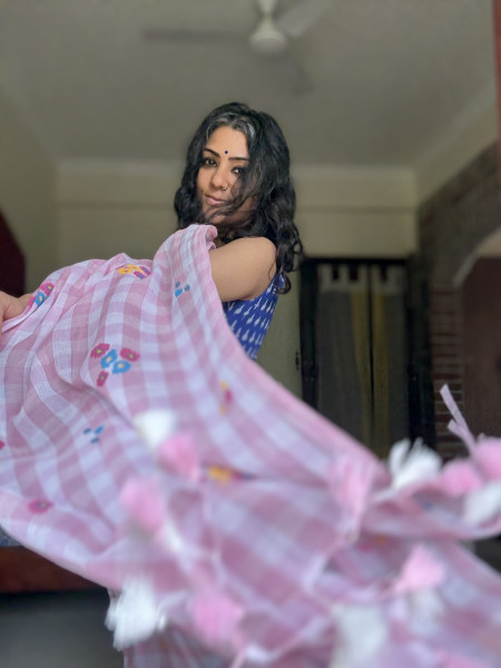 POWDER PINK GINGHAM CHECKS WITH HAND PAINTING MULMUL COTTON SARI