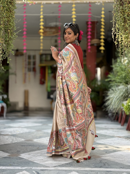 BEIGE KANTHA HAND EMBROIDERED TUSSAR  SILK SARI