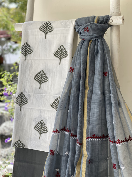 OFF WHITE & GREY PHULWARI HAND EMBROIDERED KOTA DUPATTA SET