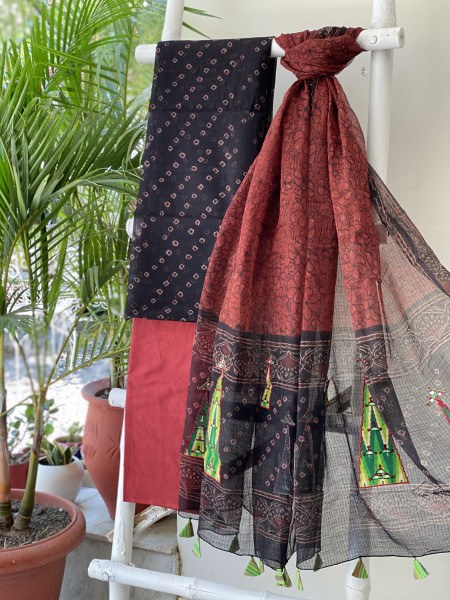 BLACK-MAROON HAND BLOCK PRINT KOTA EMBROIDERED DUPATTA SET
