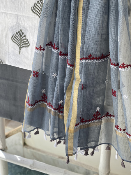 OFF WHITE & GREY PHULWARI HAND EMBROIDERED KOTA DUPATTA SET