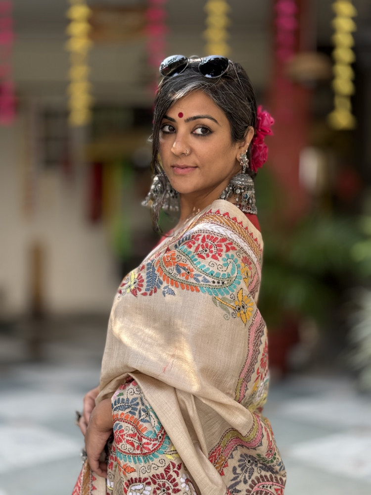 Image of BEIGE KANTHA HAND EMBROIDERED TUSSAR  SILK SARI