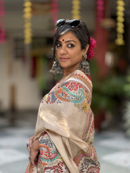 BEIGE KANTHA HAND EMBROIDERED TUSSAR  SILK SARI