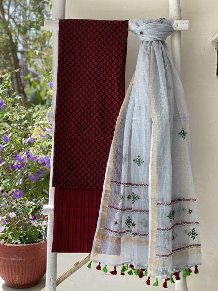 MAROON & ASH PHULWARI HAND EMBROIDERED KOTA DUPATTA SET