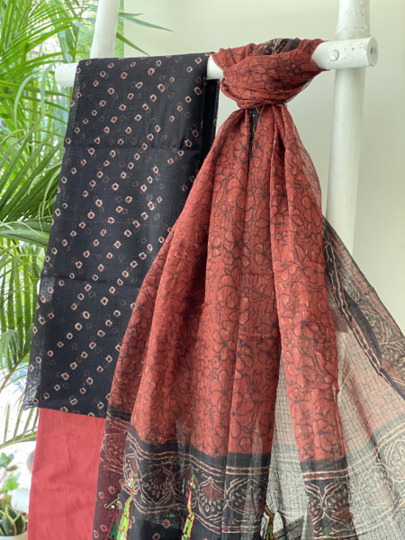 BLACK-MAROON HAND BLOCK PRINT KOTA EMBROIDERED DUPATTA SET