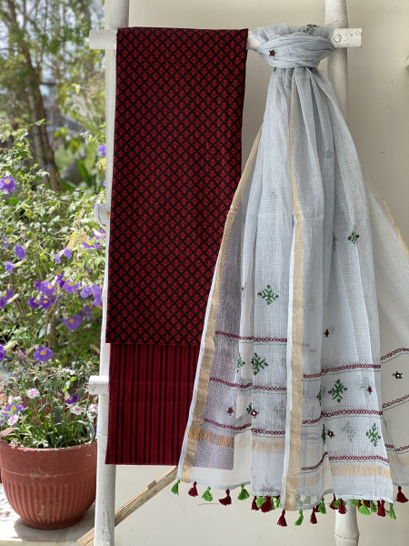 MAROON & ASH PHULWARI HAND EMBROIDERED KOTA DUPATTA SET