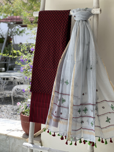 MAROON & ASH PHULWARI HAND EMBROIDERED KOTA DUPATTA SET